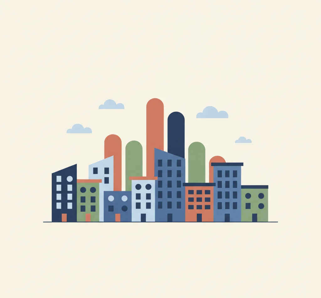 Illustration : des immeubles et des barres de graphique, le logement social en chiffres