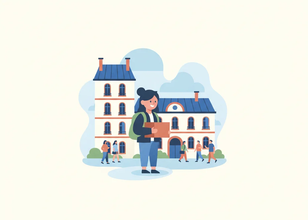 Illustration : une étudiante avec ses cartons devant une résidence étudiante parisienne