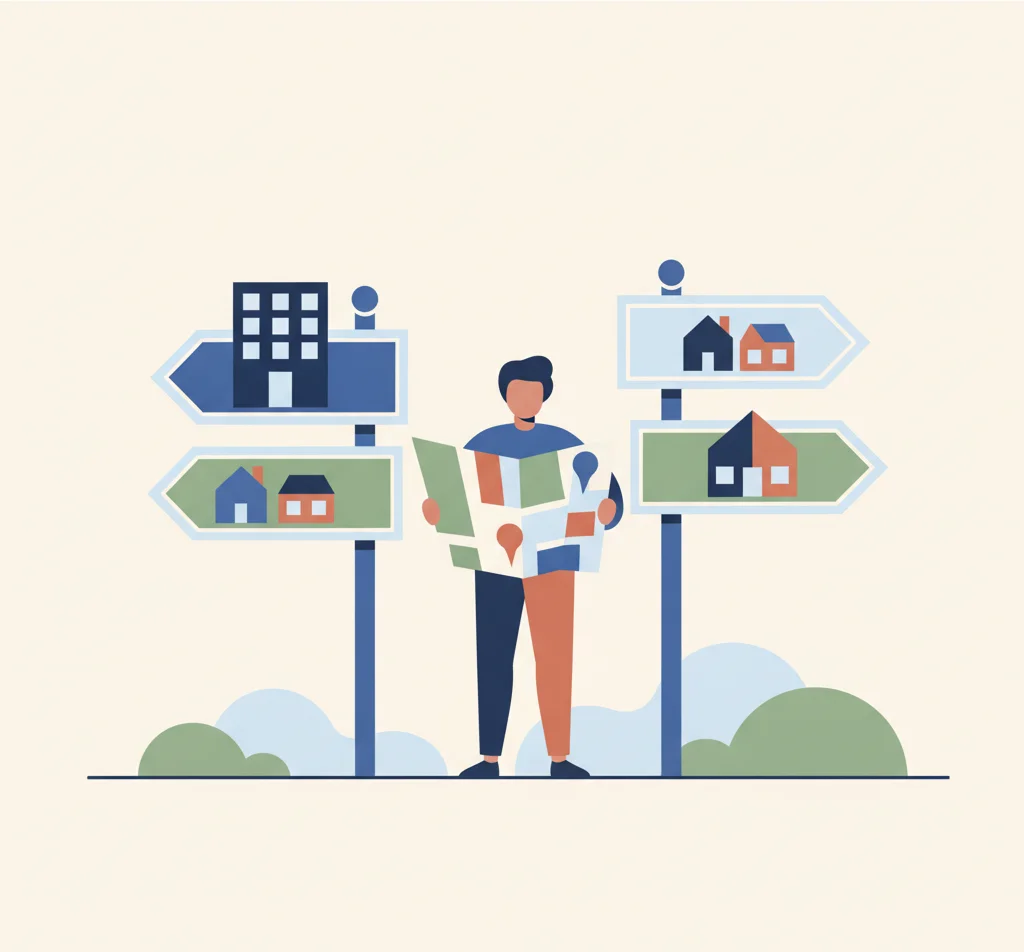 Illustration : un personnage consulte une carte à un carrefour de panneaux indiquant différents logements