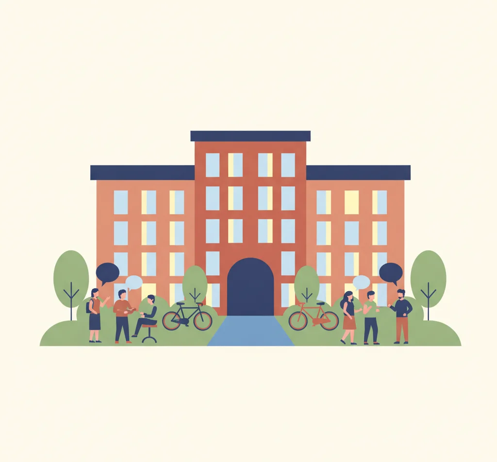 Illustration : une résidence universitaire animée, étudiants et vélos